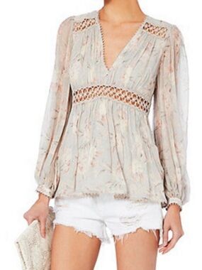 Zimmermann Iris Floral Silk Blouse Eyelet Lace Trim Pink Grey Small